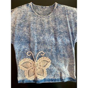 VINTAGE ACID WASH DENIM SHIRT - Small Womens - Butterfly Applique Front Back